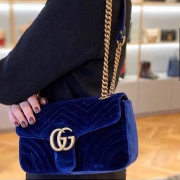 Gucci Handbags - HP⭐️GG Medium Cobalt Blue Velvet Marmont Bag
